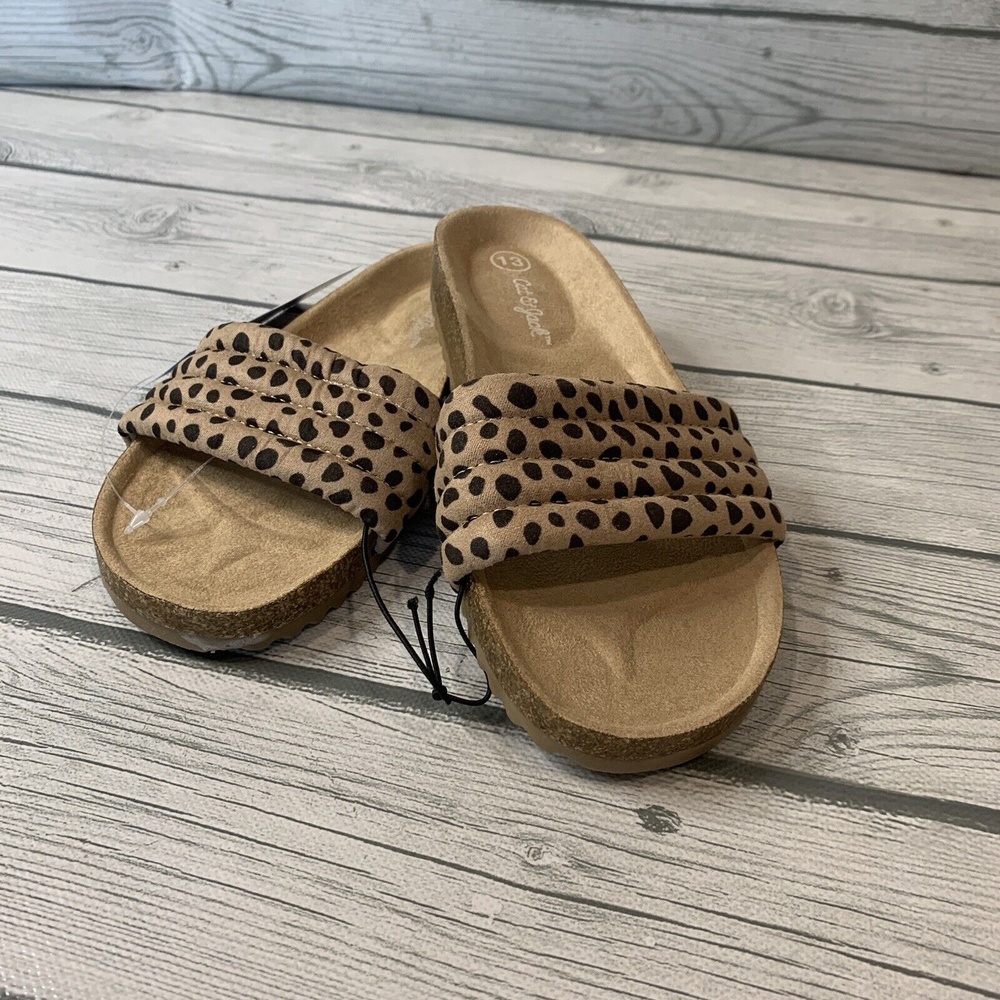 Cat & Jack Girls 13 Sandal Slides Brown & Black Spots Cheetah Leopard Flats Kid